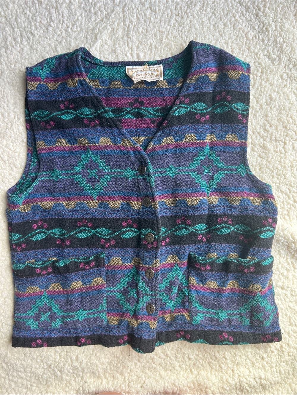 Vintage Button-Front V-Neck Sweater Vest in Teal & Blue